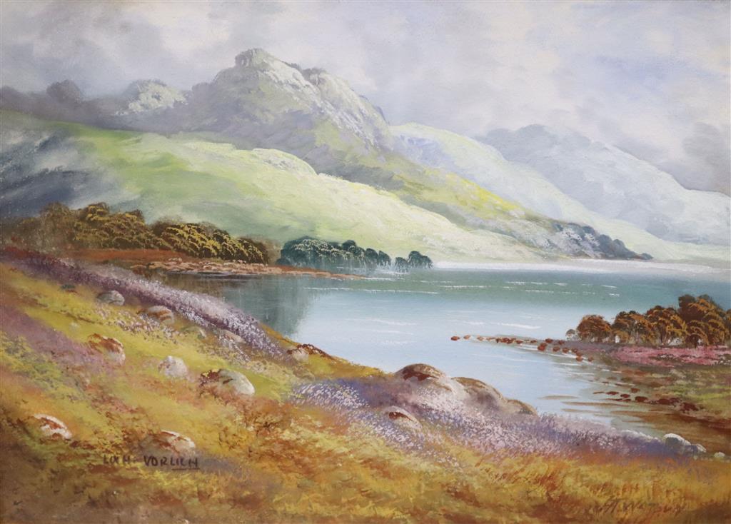 Douglas H. Pinder,a pair of gouache drawings,Brentor and The Dart, signed, 31 x 11.5cm and a similar larger gouache, 26 x 37cm